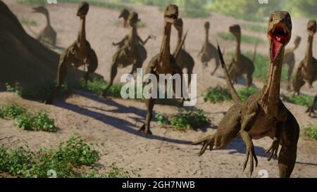 Compsognathus longipes, Gruppe von Dinosauriern aus dem späten Jura, 3d-Paläoart-Rendering Stockfoto