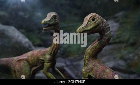 Compsognathus longipes, Dinosaurier aus dem späten Jura, 3d-Paläoart-Rendering Stockfoto