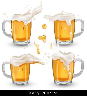 Vier verschiedene volle Glasbecher mit Bier. Erfrischendes Becher Bier mit Spritzschaum und Blasen, Tropfen Bier. Vektor-Icons für alkoholische Getränke Werbedesign. Vektorgrafik Stock Vektor