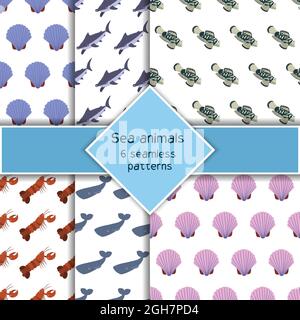 Set mit sechs Seeteufel-Seeteufel, Pottwal, Hummerkopf-Hai, Hummer und Mandarinenfisch. Unterwasser Welt Bewohner drucken. Handgezeichnete Unterwasserwelt Sammlung. Stock Vektor