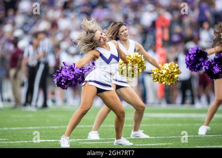 Die Cheerleader der Washington Huskies, die sich im zweiten Quartal eines NCAA-College-Fußballspiels zwischen den Washington Huskies und auf dem Spielfeld vorbilden Stockfoto