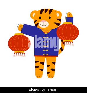 Cartoon-Illustration für Kinder, Chinesisches Neujahr. Ein Tiger und eine chinesische Laterne. Vektor auf weißem Hintergrund isoliert Stock Vektor