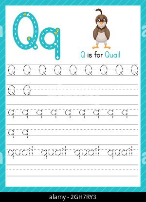 Trace Letter Q Groß- und Kleinschreibung. Alphabet Tracing Praxis Vorschule Arbeitsblatt für Kinder Englisch lernen mit niedlichen Cartoon Tier. Aktivität pag Stock Vektor