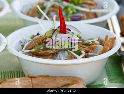 Authentische vietnamesische scharfe und scharfe Suppe mit Fleisch und Gemüse beim Asian Street Food Festival in Prag Stockfoto