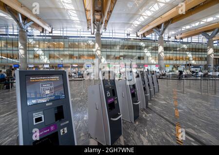 Automatische Check-in-Automaten am Flughafen Oslo Gardermoen in Oslo, Norwegen, Europa Stockfoto