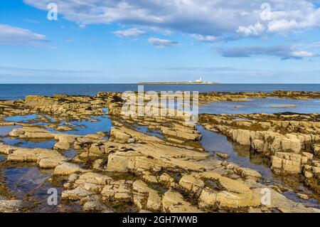 Blick auf Coquet Island und den Leuchtturm, ein vorgelagertes Naturschutzgebiet an der Küste von Northumbria, von der felsigen Küste von Amble im Nordosten Englands aus gesehen Stockfoto