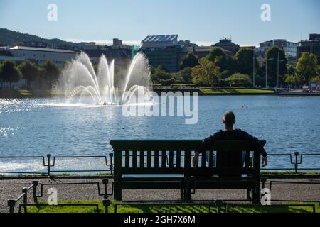 Mann sitzt auf einer Parkbank und genießt die Sonne neben Lille Lungegårdsvannet oder Smålungeren, einem kleinen See im Zentrum der Stadt Bergen, Norwegen Stockfoto