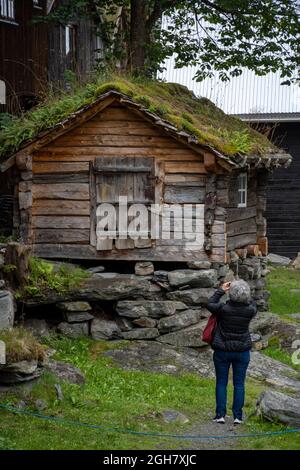 Touristen fotografieren ein kleines traditionelles Holzhaus mit Grasdach in der Geiranger Fjord Region, Norwegen, Europa Stockfoto