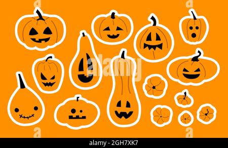 Halloween Kürbisse. Aufkleber. Aufkleberpaket. Set aus bunten, isolierten Vektor-Kürbis-Illustrationen für Halloween Party Design. Jack O Laterne Stock Vektor