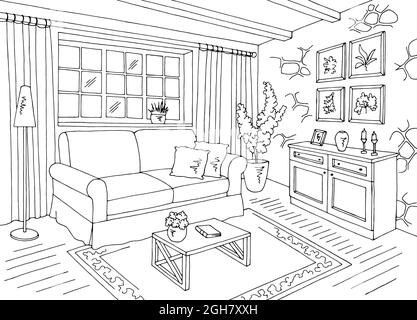 Wohnzimmer Grafik schwarz weiß Haus Interieur Skizze Illustration Vektor Stock Vektor