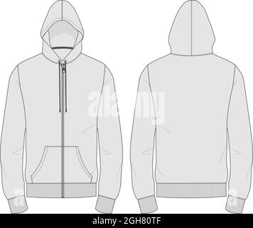 Hoodie Technische Mode flache Skizze Vektor-Vorlage. Baumwoll-Fleece-Stoff Kleidung Kapuzen mit Reißverschluss Sweatshirt Illustration schwarz Farbe Mock up. Stock Vektor