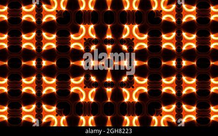 Warmgelbes Kaleidoskop. Im Herbst Mit Spiralmuster Und Tie-Dye-Muster. Kaleidoskopische Textur. Zigeunerkleid. Warme Farben Farbmix-Design. Indonesischer Stoff In Warmen Farben Stockfoto