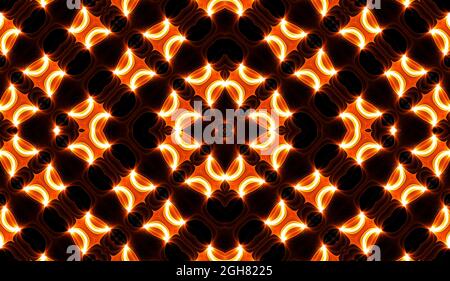 Warmgelbes Kaleidoskop. Im Herbst Mit Spiralmuster Und Tie-Dye-Muster. Kaleidoskopische Textur. Zigeunerkleid. Warme Farben Farbmix-Design. Indonesischer Stoff In Warmen Farben Stockfoto