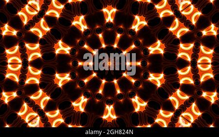 Warmgelbes Kaleidoskop. Im Herbst Mit Spiralmuster Und Tie-Dye-Muster. Kaleidoskopische Textur. Zigeunerkleid. Warme Farben Farbmix-Design. Indonesischer Stoff In Warmen Farben Stockfoto