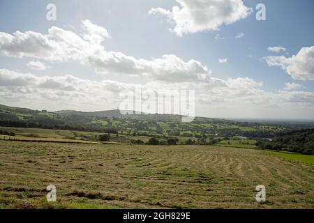 Blick über die Felder in Richtung Sutton Common von der Nähe von TEGG's Nose Macclesfield CHeshire England. Stockfoto