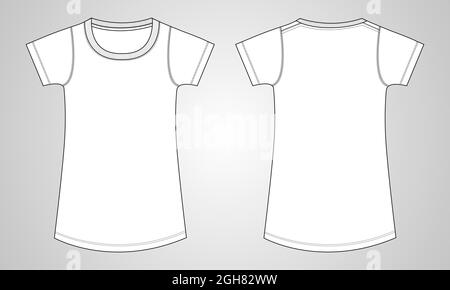 Kurzarm-T-Shirt-Kleid Design-Vorlage für Baby-Mädchen. Insgesamt technische Mode flache Skizze Runde Rundhals-Ausschnitt Vektor Illustration Mock Stock Vektor