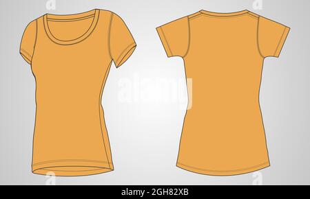 Kurzarm-T-Shirt für Damen. Technische Mode flache Skizze Vektor Illustration Vorlage. Gelbe Farben Regular Slim Fit Rundhals-Ausschnitt imitierte. Stock Vektor