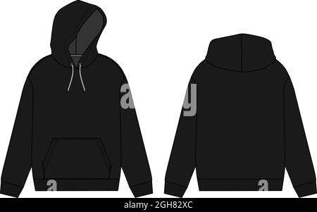 Hoodie. Technische Mode flache Skizze Vektor-Vorlage. Baumwollfleece-Stoff Kleidung Kapuzen-Sweatshirt Illustration schwarz Farbe Mock up. Stock Vektor