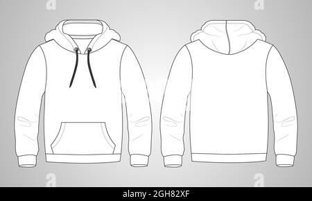 Hoodie Technische Mode flache Skizze Vektor-Vorlage. Baumwoll-Fleece-Material Bekleidung Kapuzen-Sweatshirt Illustration im Modell Vorderansicht, Rückansicht. Kleidung Stock Vektor