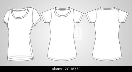 Baumwoll-Jersey kurze T-Shirt-Shirts mit Ärmeln für Damen. Technische Mode flache Skizze Vektor Illustration Vorlage. Stehkragen mit Rundhalsausschnitt und normaler Slim-Fit-Passform Stock Vektor