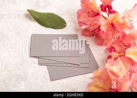 Graue Visitenkarte mit rosa Azaleen-Blüten auf grauem Beton-Hintergrund. Seitenansicht, Kopierraum, Modell, Vorlage, Frühling, Sommer-Minimalismus-Konzept. Stockfoto