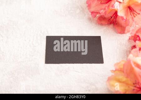 Schwarze Visitenkarte mit rosa Azaleen-Blüten auf grauem Betongrund. Seitenansicht, Kopierraum, Modell, Vorlage, Frühling, Sommer-Minimalismus-Konzept. Stockfoto