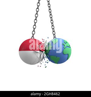 Indonesien Flaggenball trifft den Planeten Erde. Konzept für die Umweltverträglichkeit. 3D-Rendering Stockfoto