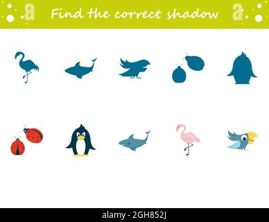 Finde den richtigen Schattenpinguin, Marienkäfer, Papagei, Flamingo, Hai. Arbeitsblatt zum Bildungswesen. Passende Spiel für Kinder. Puzzle für Kinder. Zeichentrickfigur Stock Vektor