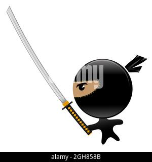 Cartoon Ninja Gesicht Symbol mit Katana isoliert auf weißem Hintergrund. Warrior-Logo. Stockfoto