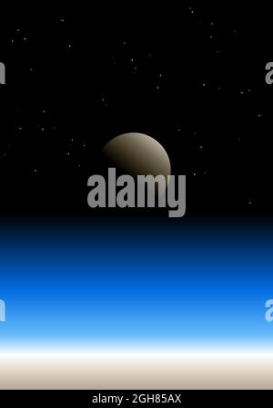 Erdatmosphäre mit Mond und Sternen am Horizont des dunklen Universums. Karman-Linie als Beginn des Weltraums. Die Schichten der Erdatmosphäre. Vektor Stock Vektor