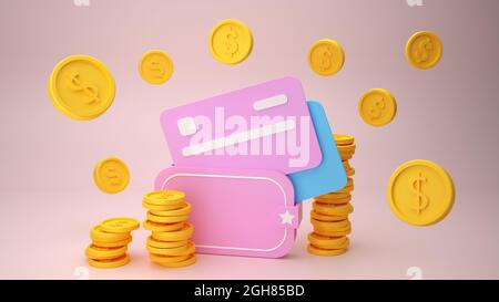 Goldene Münzen Geld und Kreditkarten 3d-Illustration Stockfoto