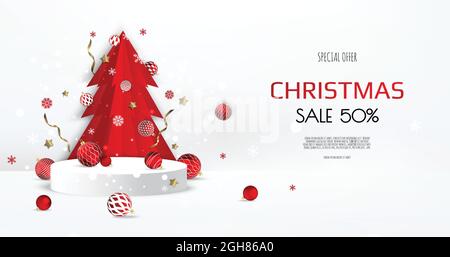 Frohe Christmas und Frohes neues Jahr. Abstraktes Minimaldesign, Papier-Weihnachtsbäume, leere runde realistische Bühne, Podium. Winter Urlaub Hintergrund. Stock Vektor