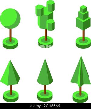 Isometrische 3d Vektor Park und Garten Bäume und Sträucher. Sammlung von grünen Waldpflanzen. Darstellung der grünen Baum- und Buschumgebung. Dodle-Element Stock Vektor