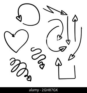 Handgezeichnete Pfeile Herz, Vektor-Set. Handgezeichnete Doodle-Elemente Stock Vektor