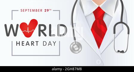 World Heart Day Hintergrund mit Arzt, Stethoskop und rot gestreifter Krawatte. Vektordarstellung Konzept für Heart Day Banner mit Herz-Puls-Kurve Stock Vektor