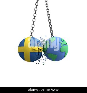 Schwedens Flaggenball trifft den Planeten Erde. Konzept für die Umweltverträglichkeit. 3D-Rendering Stockfoto