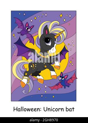 Niedliches Einhorn mit Flügeln fliegt in den nächtlichen Sternenhimmel mit Fledermäusen. Halloween-Konzept. Vektorgrafik Cartoon-Illustration. Für Bildung, Druck, Spiel, Dekor, pu Stock Vektor