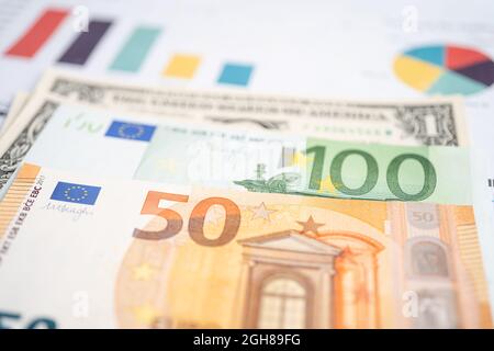 Euro-Banknoten Geld auf Diagrammpapier. Finanzentwicklung, Bankkonto, Statistik, Investment Analytische Forschung Datenwirtschaft, Handel, Bus Stockfoto