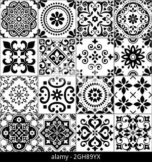 Portugiesische und spanische Azulejo Fliesen nahtlose Vektor-Muster-Kollektion in schwarz auf weiß, traditionelle florale Design großen Satz inspiriert von Fliesenkunst aus Stock Vektor