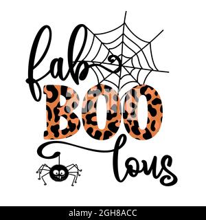 Fabelhaft, fabelhaft - Happy Halloween Overlays, Labeldesign mit niedlichen haarigen hängenden Spinnen. Handgezeichnetes isoliertes Emblem mit Zitat. Halloween Stock Vektor