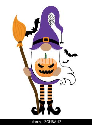 Entzückender Halloween Gnome mit Hexenhut und Besen - Gnome mit Kürbis Laterne. Nordischer Zauberzwerg. Niedliche Feiertage Elf mit Hut. Vektorgrafik für Stock Vektor