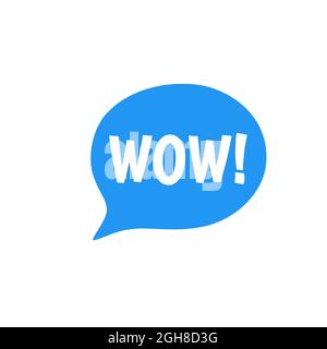 WOW Message 3d Sprechblase blaues Etikett. Aufkleber oder Symbolgrafik in weißen Buchstaben Stockfoto