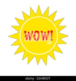 WOW Message 3d Speech Golden Star Label. Aufkleber oder Symbolgrafik in roten Buchstaben Stockfoto