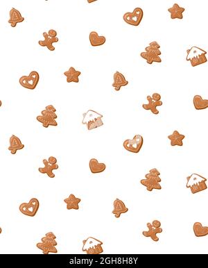 Nahtloses Vektor-Muster mit Weihnachts-Lebkuchen. Cartoon-Zeichnungsstil isoliert auf weißem Hintergrund. Tapete zum neuen Jahr Stock Vektor