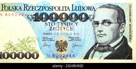 Großes Fragment der obversen Seite von 100000 einhunderttausend alten polnischen Zlotych-Banknotenwährung, Jahr 1993 mit dem Porträt von Stanisław Moniuszko Stockfoto