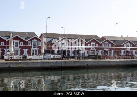 Skagen ist eine Hafenstadt, die am weitesten nördlich in Dänemark liegt. An der Nordspitze von Jütland 'Grenen' treffen sich Nordsee und Kattegat (Ostsee). Das Schlepptau Stockfoto