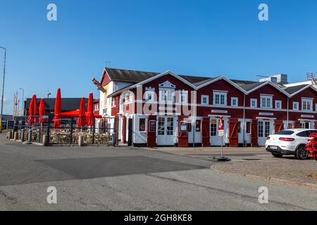 Skagen ist eine Hafenstadt, die am weitesten nördlich in Dänemark liegt. An der Nordspitze von Jütland 'Grenen' treffen sich Nordsee und Kattegat (Ostsee). Das Schlepptau Stockfoto