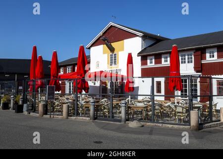 Skagen ist eine Hafenstadt, die am weitesten nördlich in Dänemark liegt. An der Nordspitze von Jütland 'Grenen' treffen sich Nordsee und Kattegat (Ostsee). Das Schlepptau Stockfoto