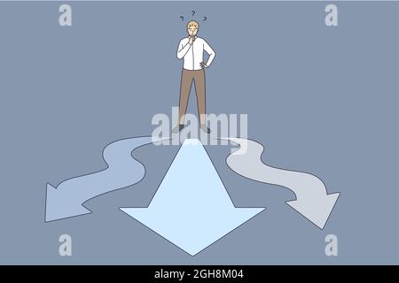 Geschäftsauswahl und Geschäftsmöglichkeiten. Junge Geschäftsmann Arbeiter stehen auf Kreuzung mit Möglichkeiten auf verschiedenen Seiten Gefühl frustriert, welche Art und Weise Vektor-Illustration wählen Stock Vektor