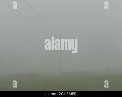 Flaches, weitläufiges Gelände. Felder und Wiesen. Eine dichte Schicht Morgennebel erhebt sich über den Boden. Objekte in der Ebene sind verschwommen und schwer zu sehen. Stockfoto